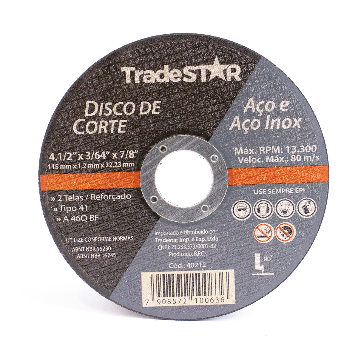 Disco de Corte Metal 4.1/2" 115x1,2 mm Esmerilhadeira Tradestar para aço e aço inox, ideal para cortes precisos em metais. Disco abrasivo fino, reforçado com 2 telas, tipo 41, com furo de 7/8" (22,23 mm). Ferramenta Tradestar para esmerilhadeiras, corte rápido e eficiente.