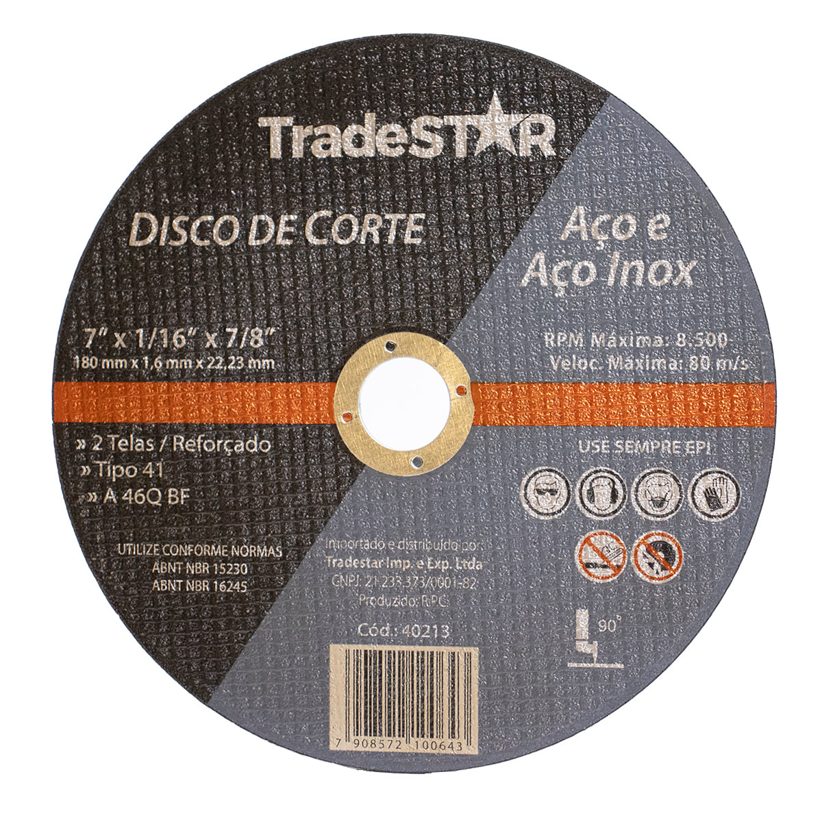 Disco de corte fino inox 7 x 1,6mm para esmerilhadeira Tradestar, ideal para cortes precisos em aço e aço inox. Disco abrasivo reforçado, 7 polegadas, 180mm, 22,23mm. Ferramenta para serralheria e metalurgia. Aço e Aço Inox.