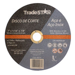 Disco de corte fino inox 7 x 1,6mm para esmerilhadeira Tradestar, ideal para cortes precisos em aço e aço inox. Disco abrasivo reforçado, 7 polegadas, 180mm, 22,23mm. Ferramenta para serralheria e metalurgia. Aço e Aço Inox.