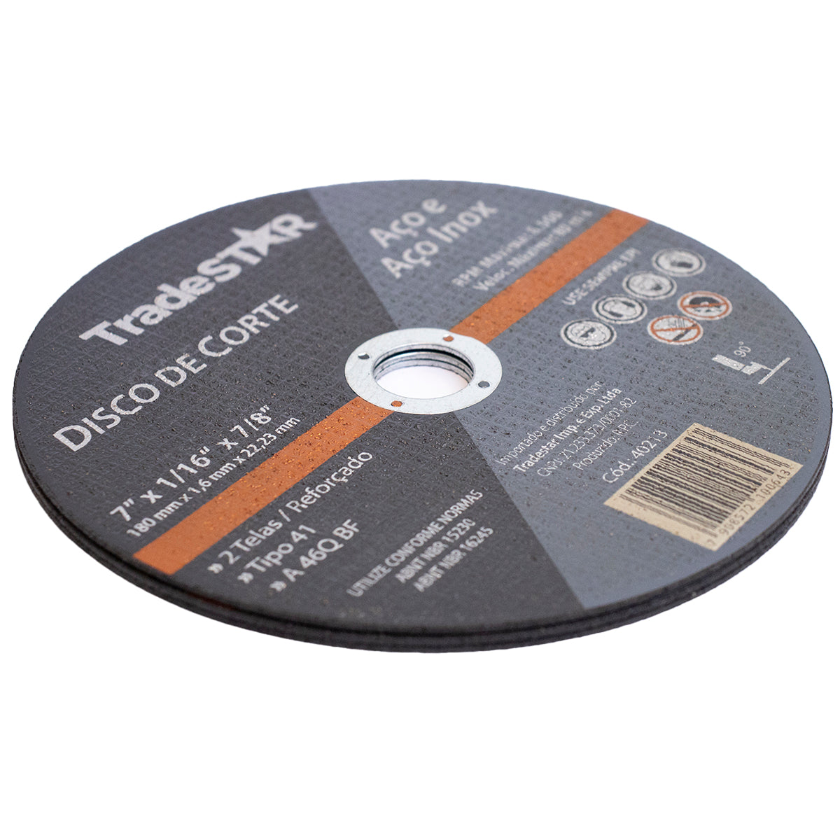 Disco de corte fino inox 7 x 1,6mm Tradestar para esmerilhadeira, ideal para cortes precisos em aço e inox. Disco abrasivo de alta performance, 180mm x 1,6mm x 22,23mm, 2 telas/reforçado, tipo 41, A 46Q BF. Ferramenta essencial para serralheiros e metalúrgicos.