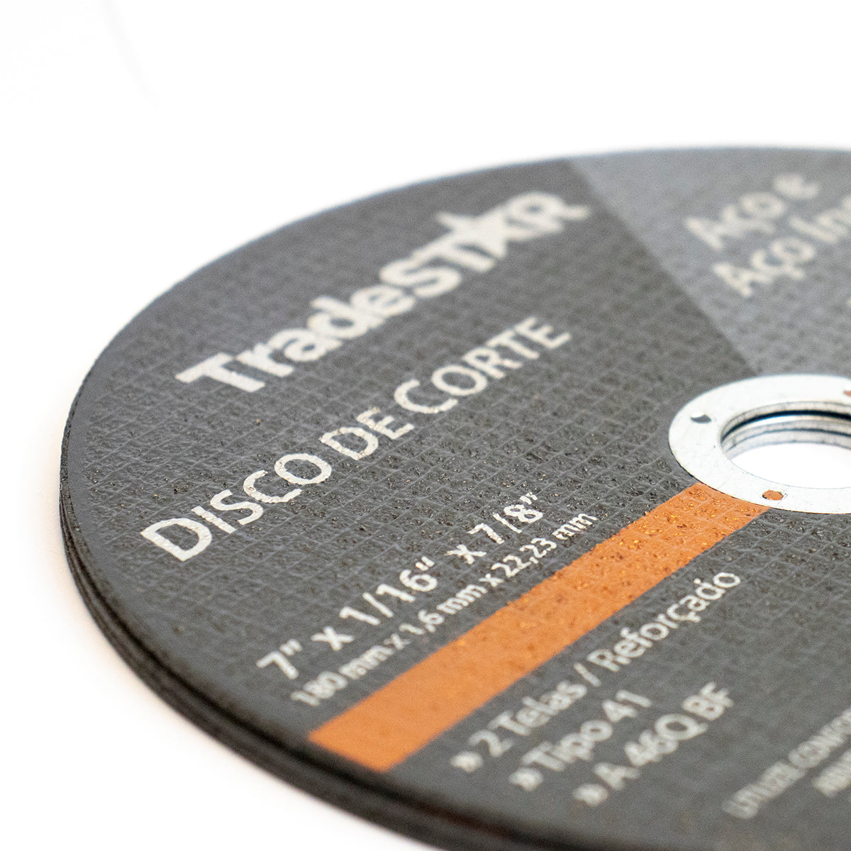 Disco de Corte Fino Inox 7 x 1,6mm Esmerilhadeira Tradestar - Ideal para cortes precisos em inox, ferro, alumínio e aço. Disco abrasivo de 7 polegadas, 180mm, com furo de 7/8" (22,23mm). Ferramenta para serralheiros e metalúrgicos. Tradestar.