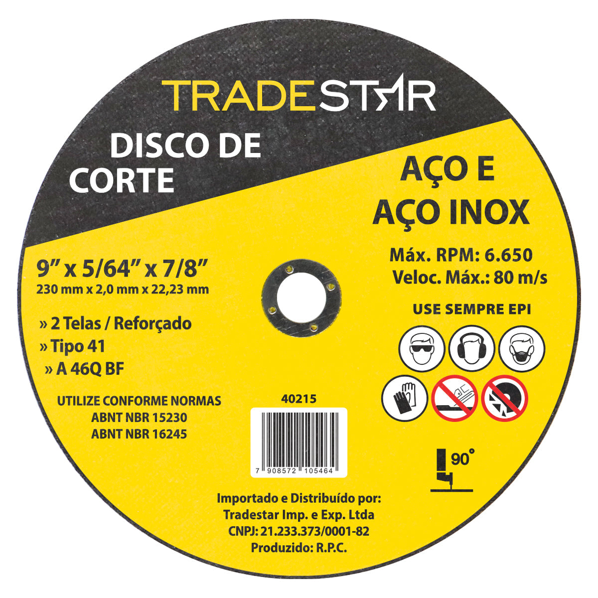 Disco de corte inox 9" 230x2,0 mm Tradestar para esmerilhadeira, ideal para cortes precisos em aço e aço inox. Ferramenta profissional com 2 telas reforçadas, alta durabilidade e segurança. ABNT NBR 15230 e 16245. RPM 6.650. EPI obrigatório.