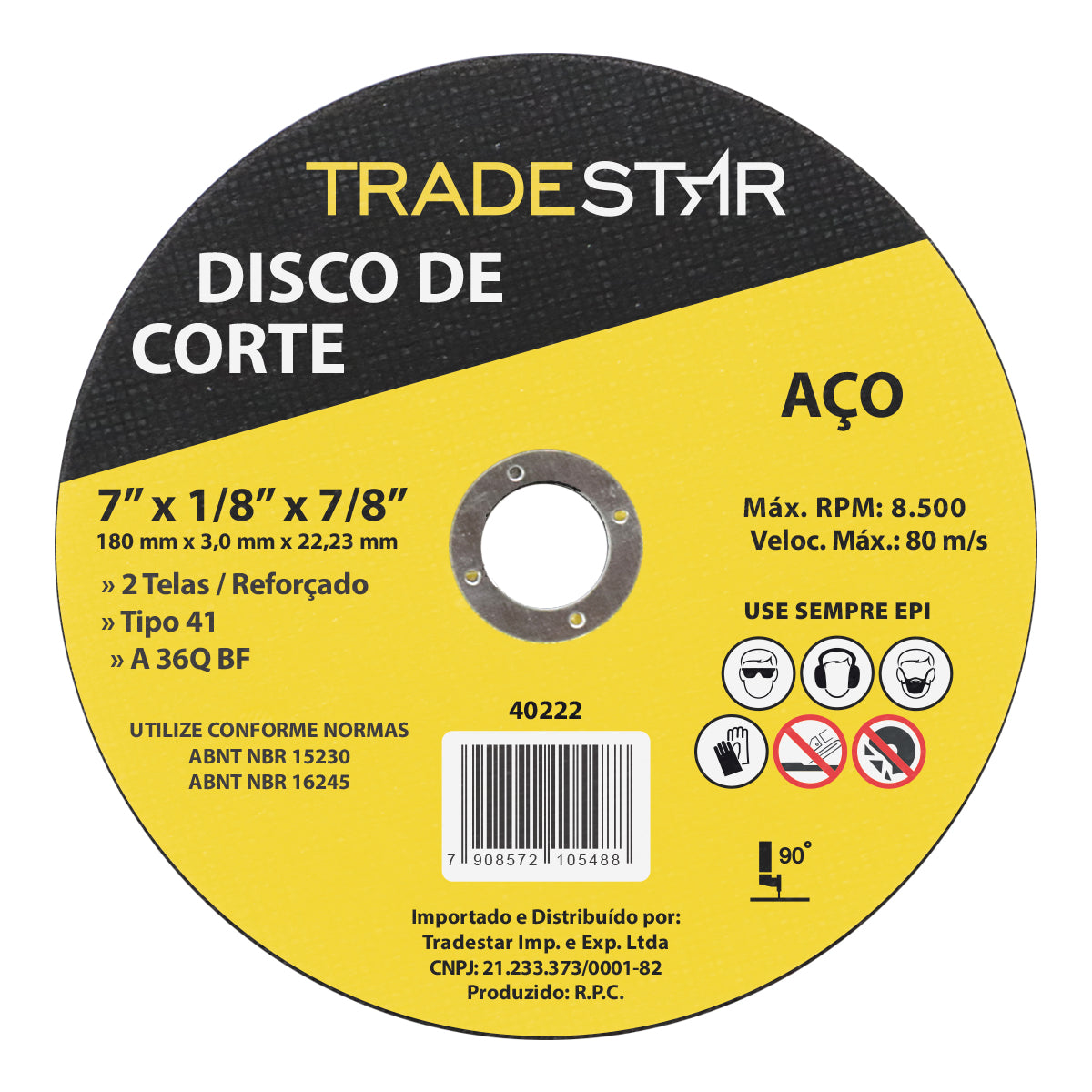 Disco de corte para metal 7" 180x3,0 mm Tradestar, ideal para esmerilhadeira. Ferramenta reforçada para corte preciso em aço. Dimensões: 180mm x 3,0mm com furo de 22,23mm. Garante cortes rápidos e eficientes em projetos industriais e construção civil. Produto original, com garantia e envio imediato.