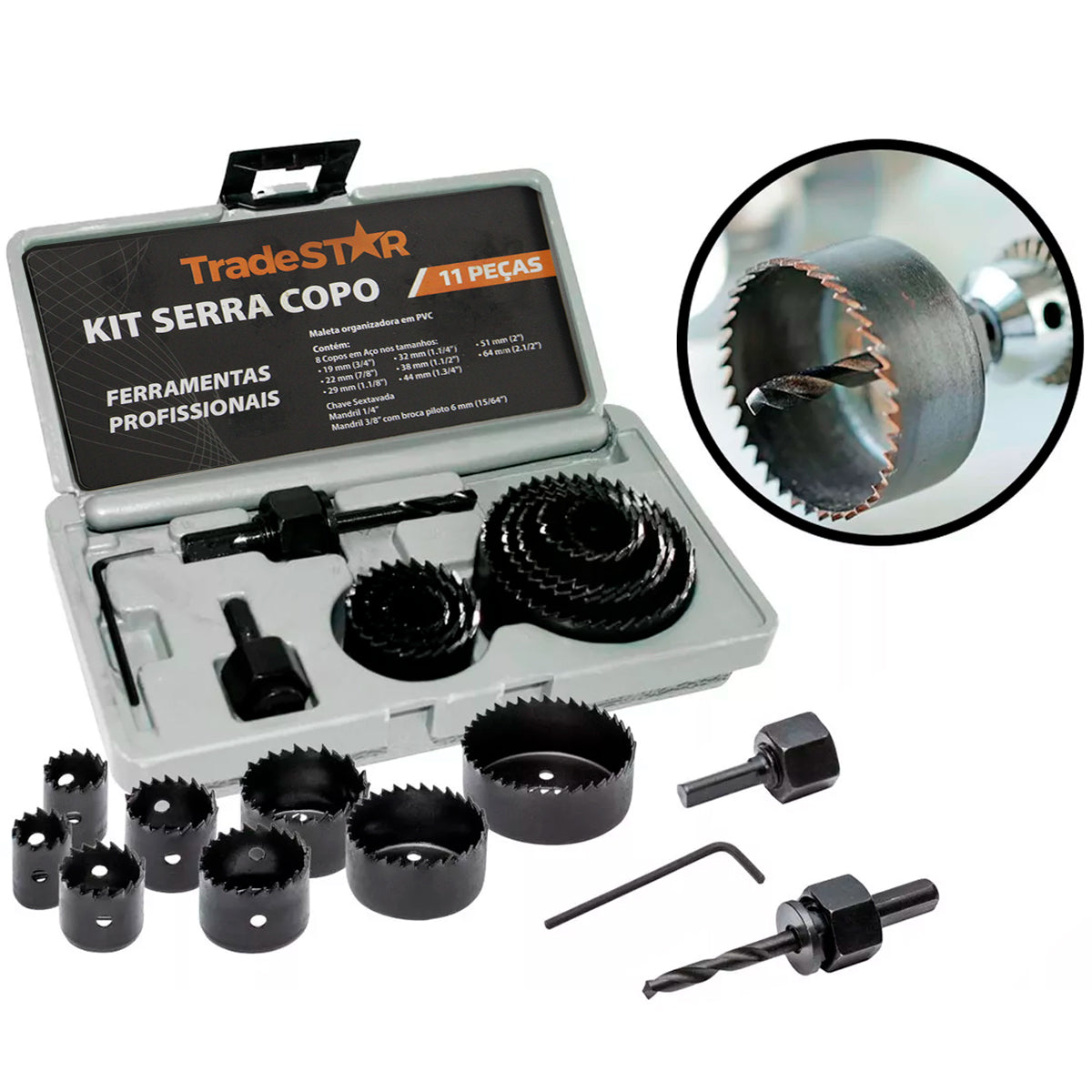 Jogo de Serra Copo Aço Carbono 11 Peças Tradestar para cortes precisos em madeira, MDF e compensado. Kit completo com diversas medidas, maleta para transporte e durabilidade garantida. Ideal para profissionais e hobbistas. Inclui serras copo de 19mm a 64mm, hastes de acoplamento e chave Allen.