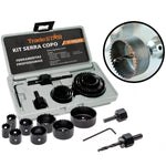 Jogo de Serra Copo Aço Carbono 11 Peças Tradestar para cortes precisos em madeira, MDF e compensado. Kit completo com diversas medidas, maleta para transporte e durabilidade garantida. Ideal para profissionais e hobbistas. Inclui serras copo de 19mm a 64mm, hastes de acoplamento e chave Allen.
