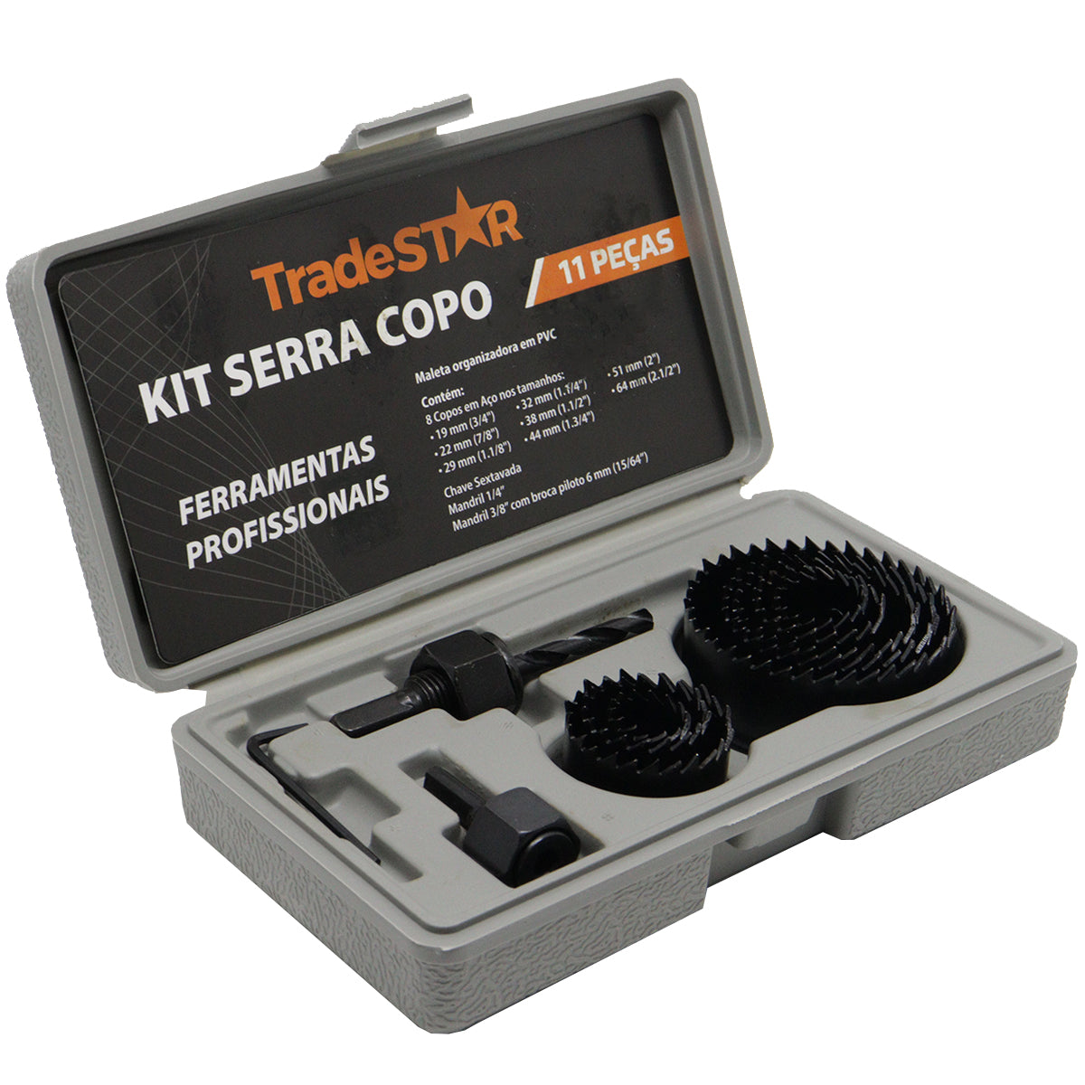 Jogo de Serra Copo Aço Carbono 11 Peças Tradestar para cortes precisos em madeira, MDF e compensado. Kit completo com 8 serras copo de diferentes diâmetros, hastes de acoplamento, chave Allen e maleta para transporte. Ideal para profissionais e entusiastas. Ferramentas profissionais Tradestar.