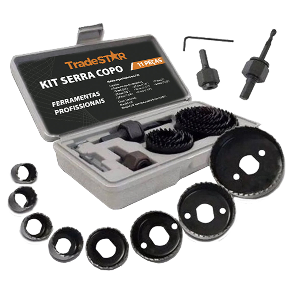 Jogo de Serra Copo Aço Carbono 11 Peças Tradestar para cortes precisos em madeira, MDF e compensado. Kit completo com diversas medidas, maleta para transporte e durabilidade garantida. Ideal para profissionais e entusiastas.