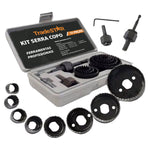 Jogo de Serra Copo Aço Carbono 11 Peças Tradestar para cortes precisos em madeira, MDF e compensado. Kit completo com diversas medidas, maleta para transporte e durabilidade garantida. Ideal para profissionais e entusiastas.