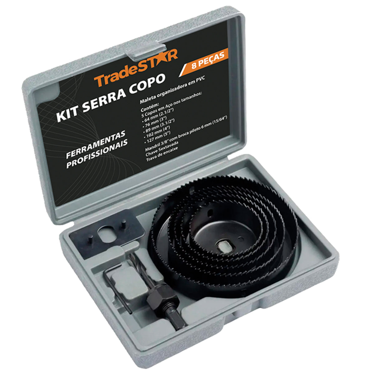 Jogo de Serra Copo Aço Carbono 8 Peças Tradestar em maleta, ideal para cortes precisos em madeira, MDF e compensado. Kit inclui 5 serras copo de diferentes diâmetros (64mm, 76mm, 89mm, 102mm, 127mm), mandril com broca piloto, chave Allen e maleta para transporte. Ferramenta profissional para furos circulares.