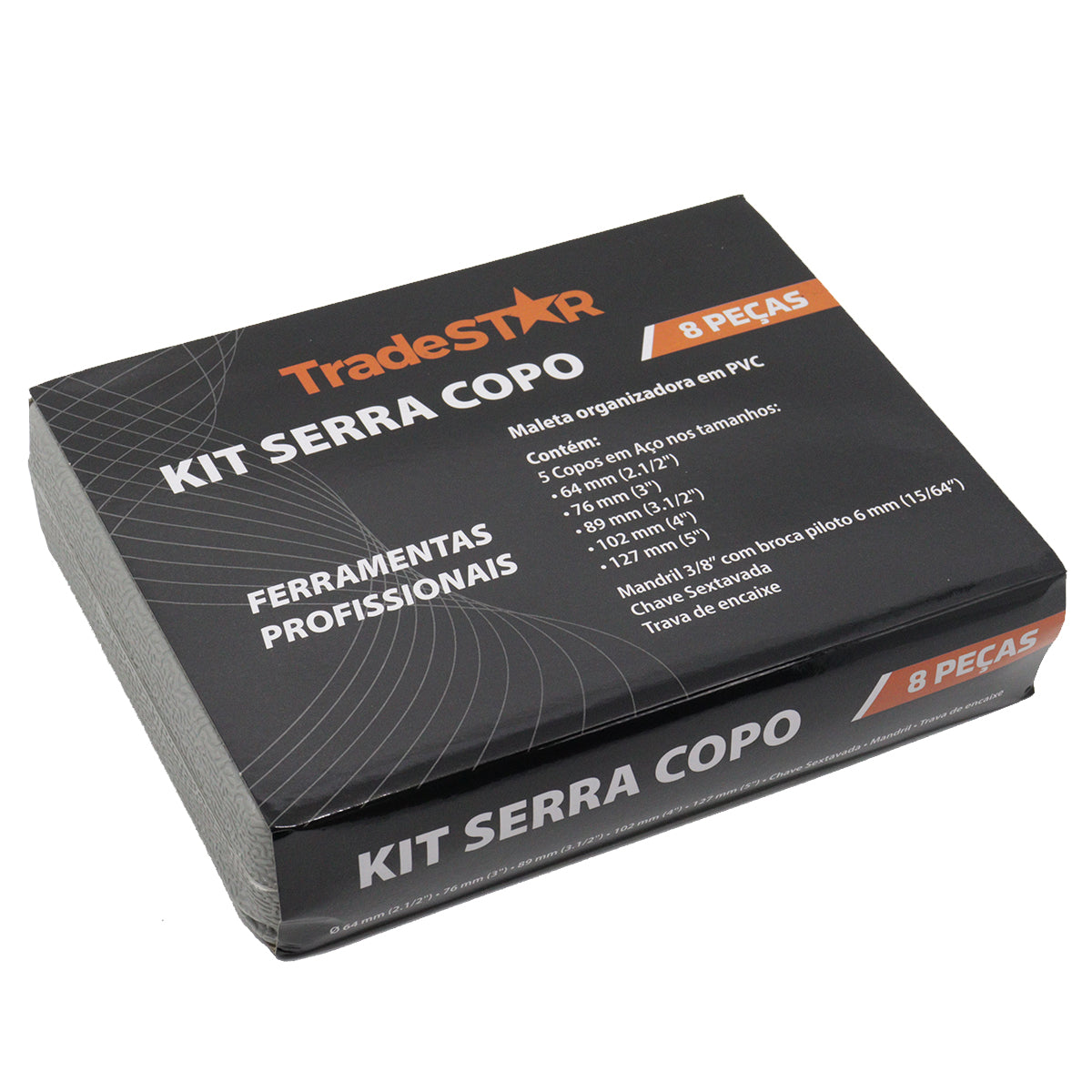 Jogo de Serra Copo Aço Carbono 8 Peças Tradestar para cortes precisos em madeira, MDF e compensado. Kit completo com 5 serras copo de diferentes diâmetros, mandril, broca piloto, chave Allen e maleta para transporte. Ferramenta ideal para profissionais e entusiastas.