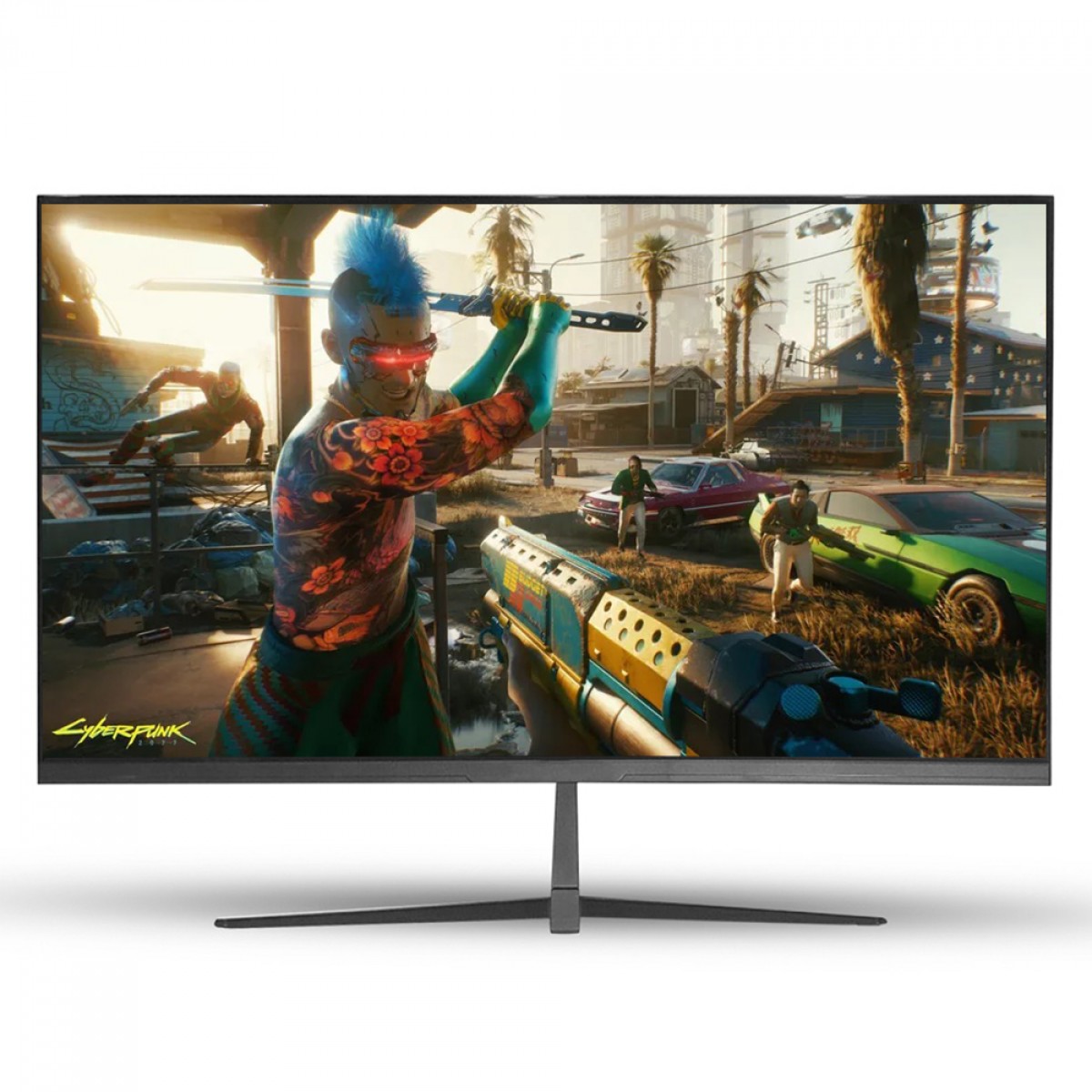 Monitor Gamer Duex 24" DX240Z 165Hz Black LED HDR exibindo gameplay de Cyberpunk 2077, ideal para jogos com alta taxa de atualização, HDR e tecnologia FreeSync/G-Sync.