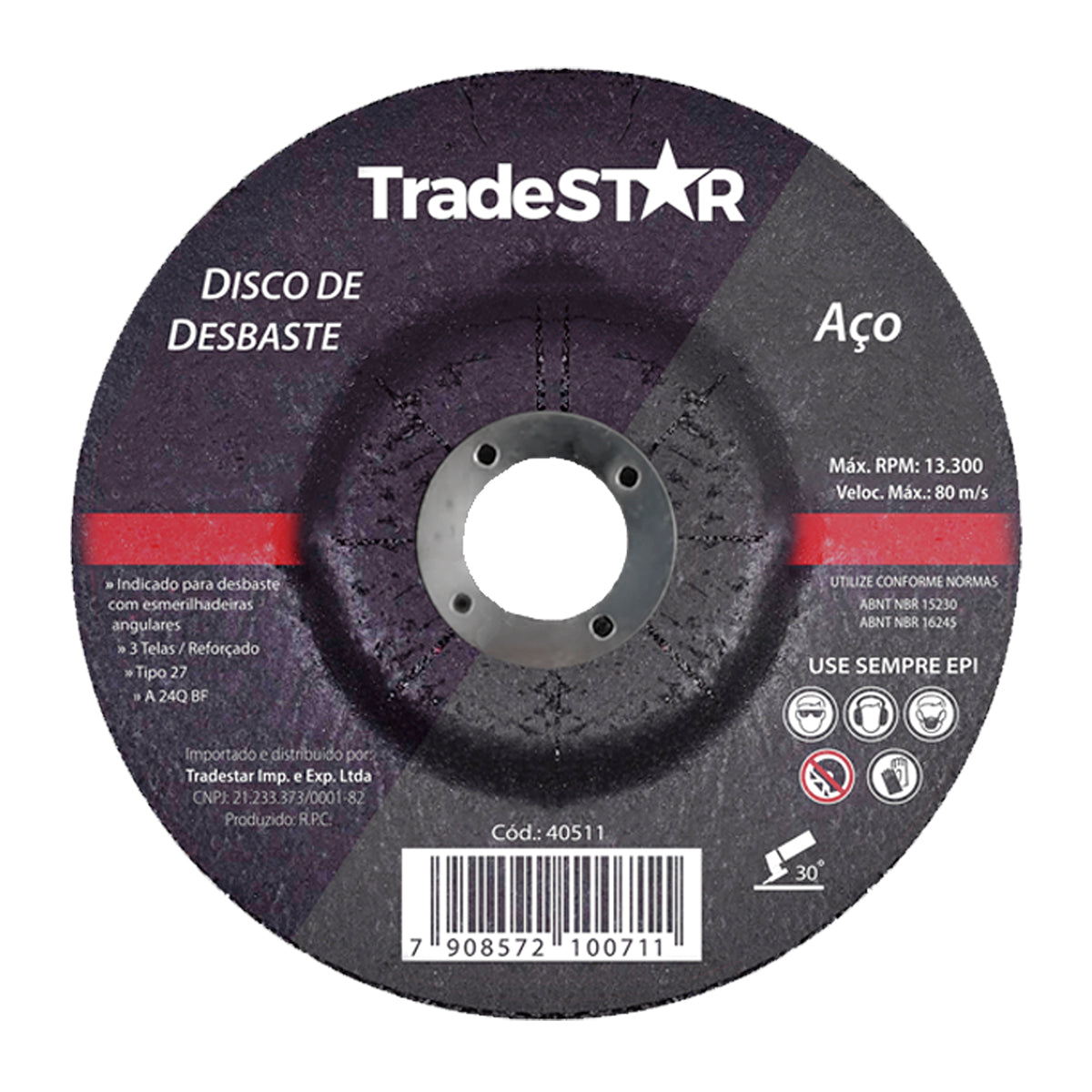 Disco de Desbaste para Metais Aço 4.1/2" 115x6mm Tradestar - Rebolo para esmerilhadeira angular, ideal para desbaste de aço, com 3 telas reforçadas, indicado para uso profissional e DIY. Marca Tradestar.