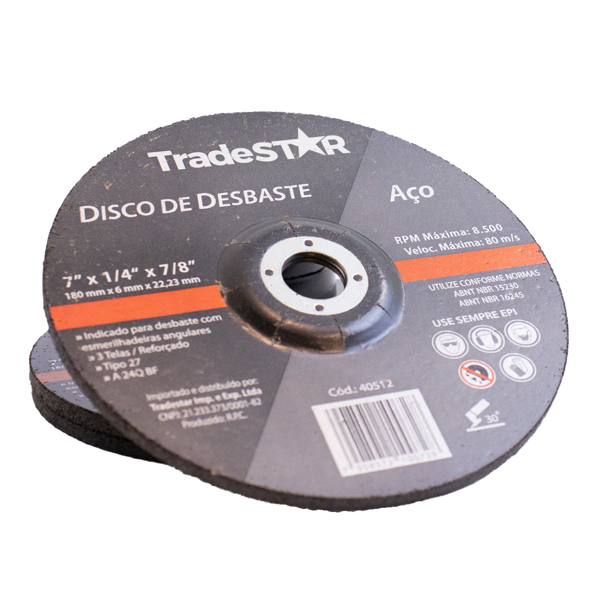 Disco de desbaste metal 7 polegadas Tradestar para esmerilhadeira, 180x6mm, profissional, ideal para desbaste em aço e outros metais. Ferramenta resistente com óxido de alumínio e camada dupla de fibra de vidro para segurança e eficiência.
