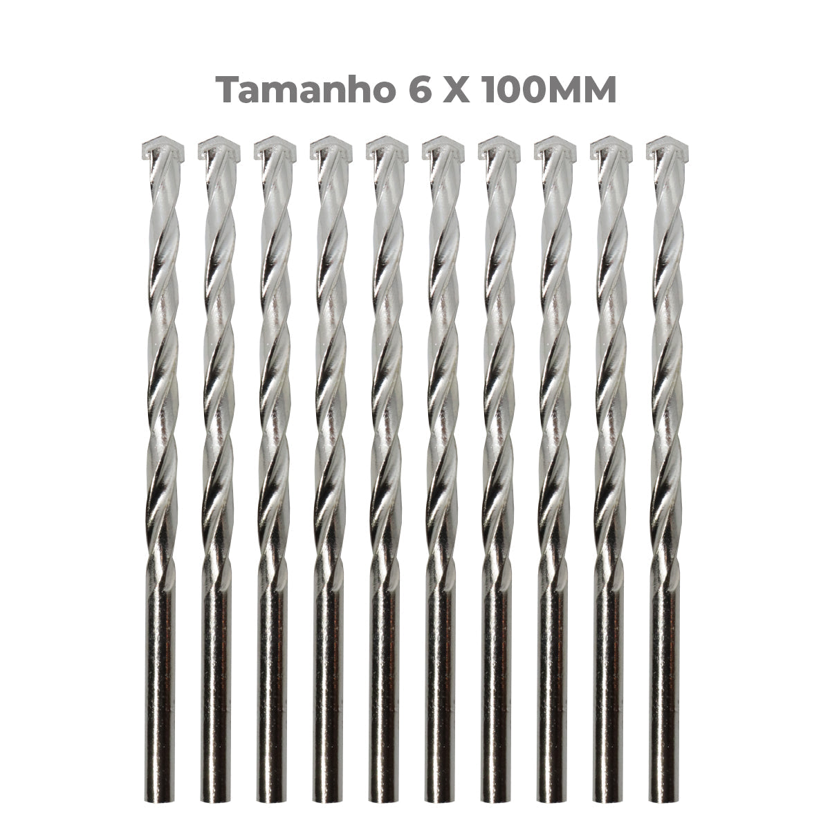 Brocas para concreto 6x100mm Tradestar, kit com 100 unidades. Brocas helicoidais de metal duro para uso em furadeira, ideais para perfurar concreto, pedra e alvenaria. Ferramenta para construção e uso profissional.