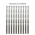 Brocas para concreto 6x100mm Tradestar, kit com 100 unidades. Brocas helicoidais de metal duro para uso em furadeira, ideais para perfurar concreto, pedra e alvenaria. Ferramenta para construção e uso profissional.