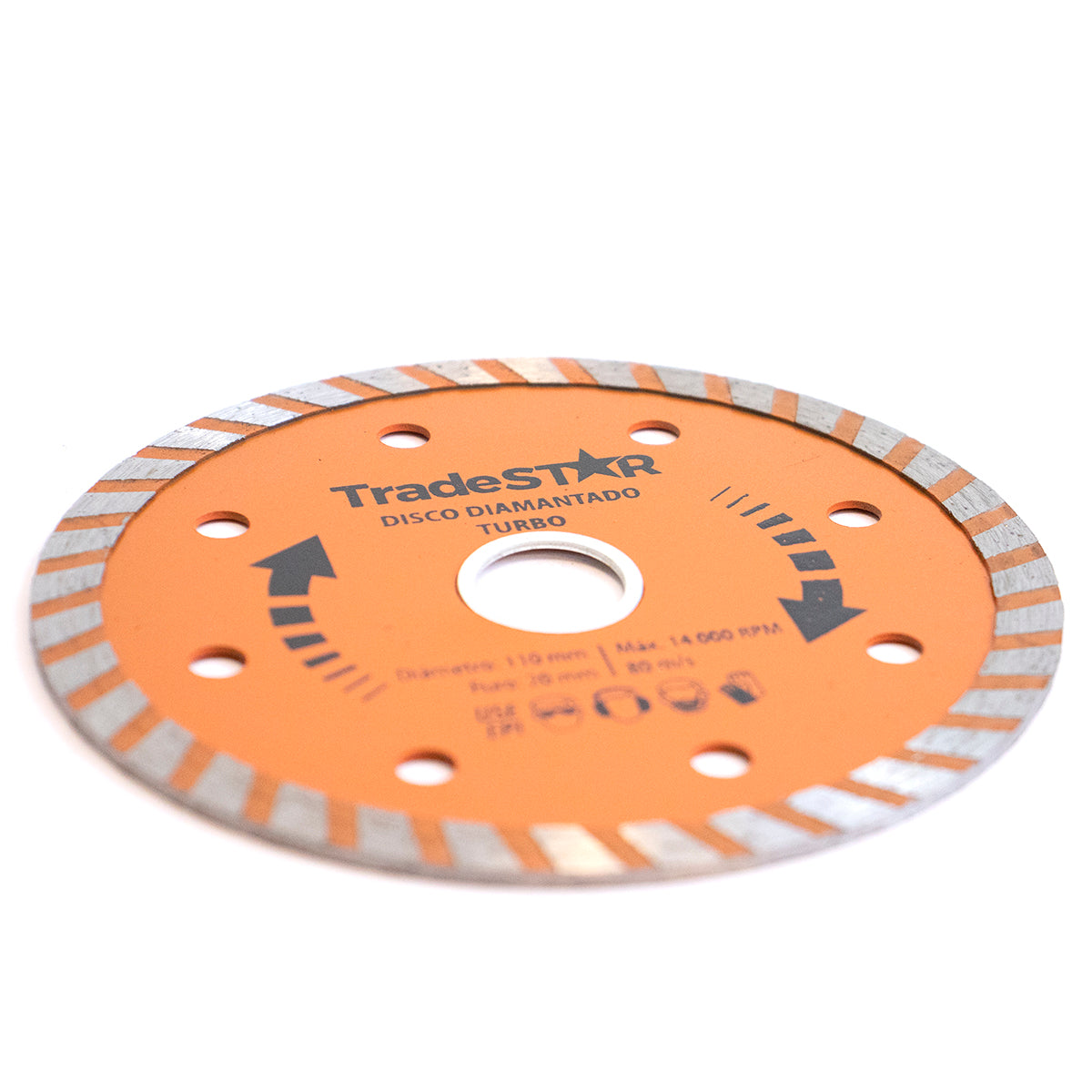 Disco de Corte Diamantado Turbo 110x20 mm Tradestar para corte de granito, mármore, telhas e basalto. Ferramenta turbo para cortes rápidos e eficientes a seco ou refrigerado. Ideal para construção civil e acabamentos.
