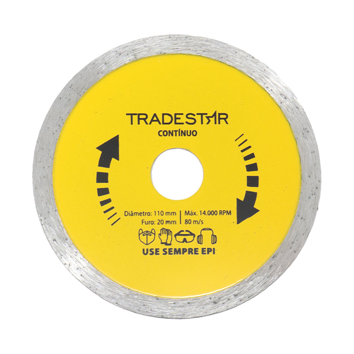Disco de corte diamantado 110x20mm contínuo Tradestar para porcelanato, cerâmica, mármore, azulejo. Ideal para cortes precisos em projetos de revestimento. Ferramenta profissional com alta durabilidade e eficiência. Corte refrigerado.