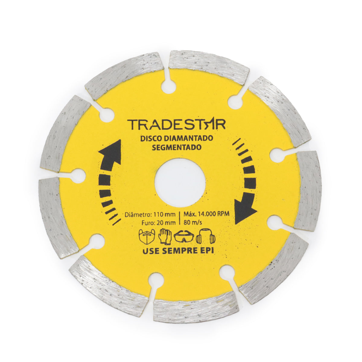 Disco de corte diamantado segmentado 110mm 4" Tradestar para concreto. Ideal para cortes precisos em materiais como concreto, tijolos e cerâmica. Possui alta durabilidade e é indicado para corte a seco. Imagem mostra o disco com informações de diâmetro, furo e velocidade máxima.