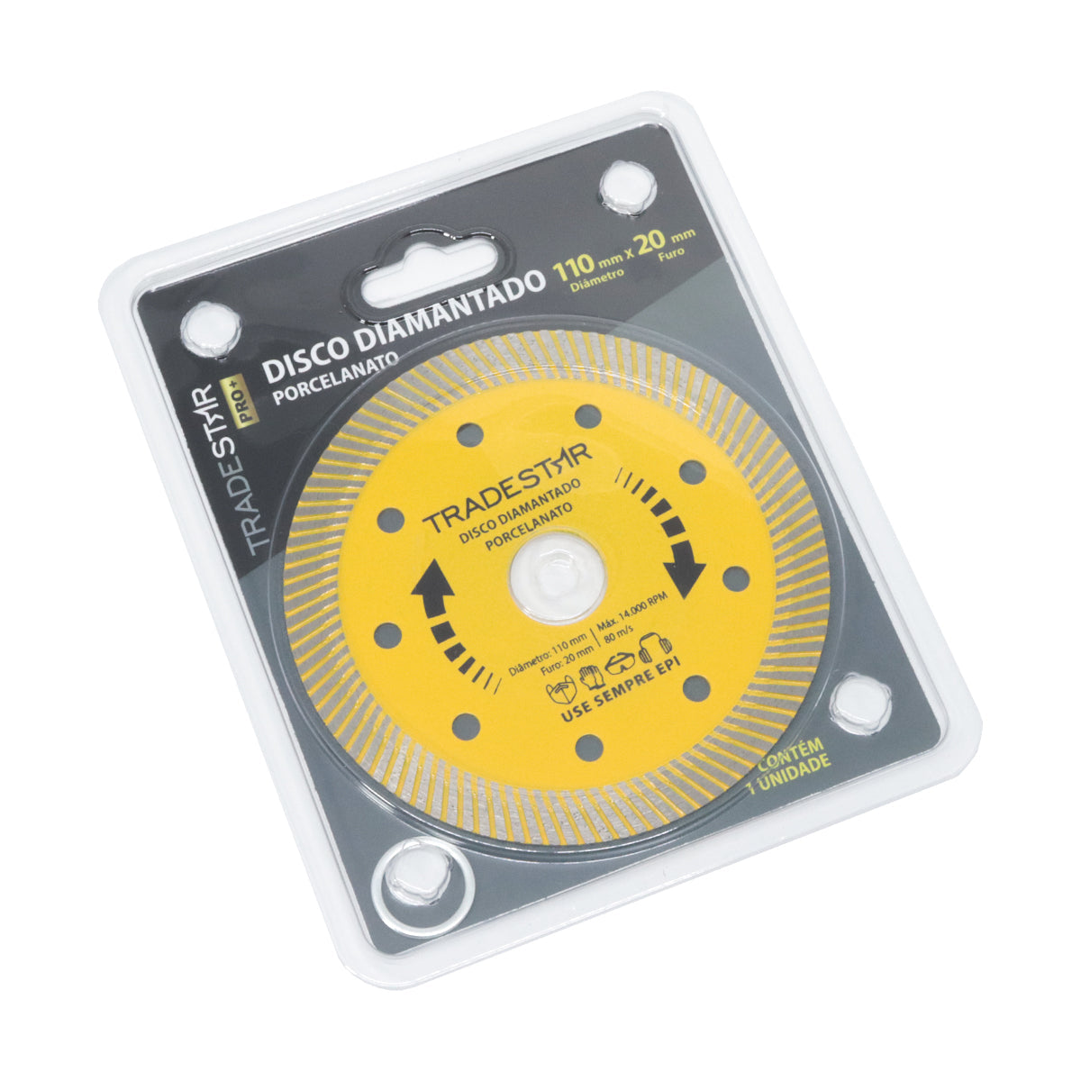 Disco de corte diamantado extra fino 110x20mm para porcelanato Trade Star, ideal para cortes precisos em cerâmicas e pedras. Ferramenta de alta performance para construção e reforma. Embalagem com 1 unidade.