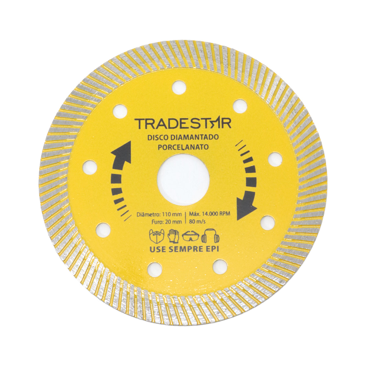 Disco de corte diamantado para porcelanato Tradestar 110x20mm, extra fino, ideal para cortes precisos em porcelanatos, cerâmicas, mármores e granitos. Ferramenta de alta performance para construção e reforma. Use sempre EPI.