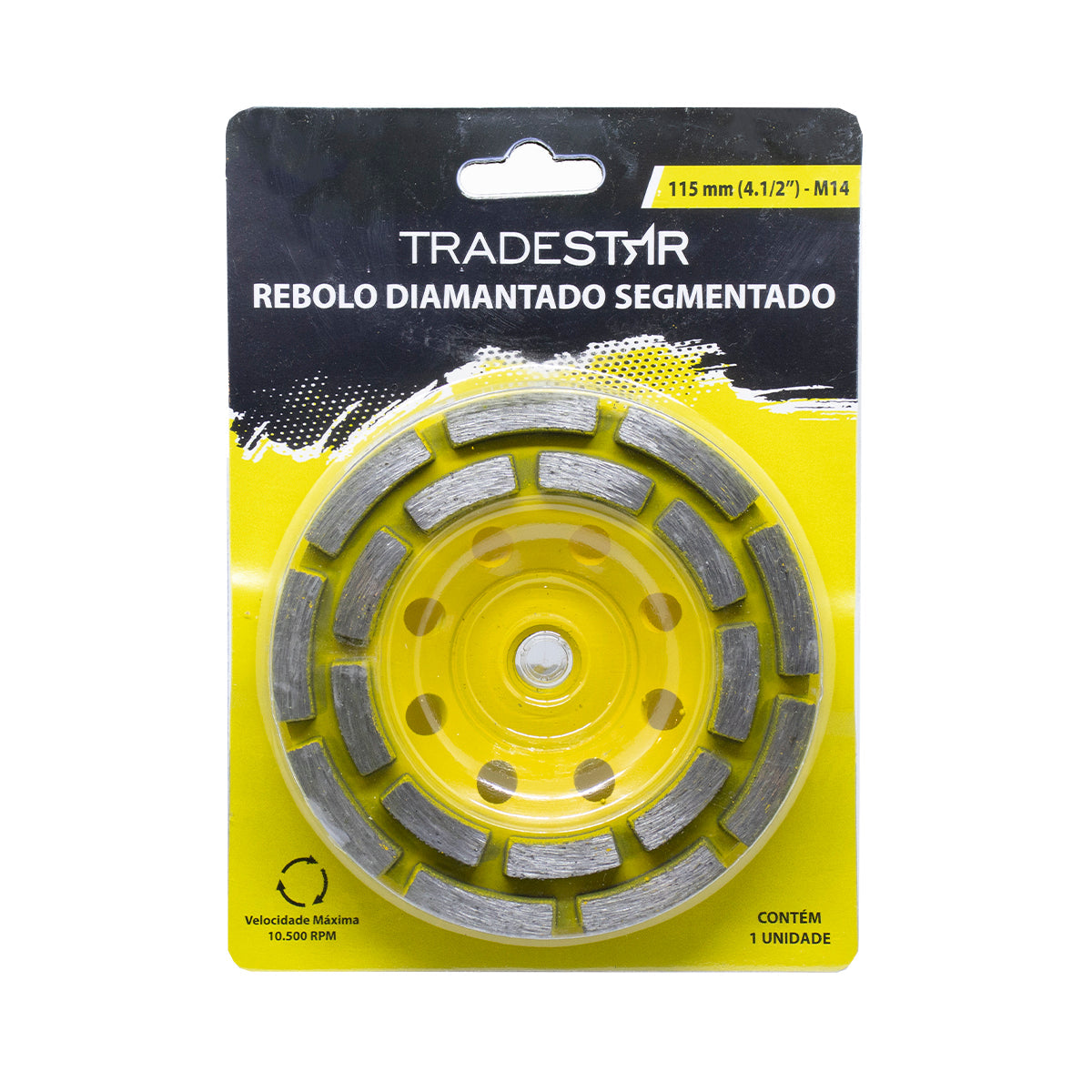 Rebolo Diamantado Segmentado 115mm M14 Tradestar para desbaste de concreto, granito e mármore. Ferramenta para serra mármore, ideal para construção civil e reformas. Possui alta durabilidade e ótimo desempenho.