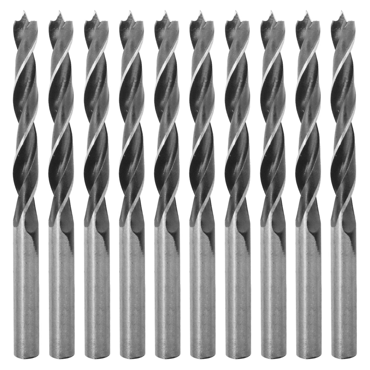 Brocas para madeira Tradestar de aço carbono 3 pontas 10x120mm, kit com 50 unidades. Ferramenta para perfuração precisa em madeira, com design helicoidal e pontas afiadas para corte eficiente e remoção de resíduos.