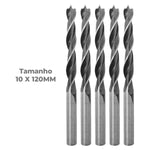 Broca para madeira Tradestar em aço carbono com 3 pontas, 10x120mm, kit com 50 unidades. Ferramenta de alta performance para furos precisos em madeira. Ideal para carpinteiros, mecânicos e hobbistas. Detalhe das pontas afiadas e canais helicoidais para remoção de resíduos. Tamanho 10x120mm visível na imagem.