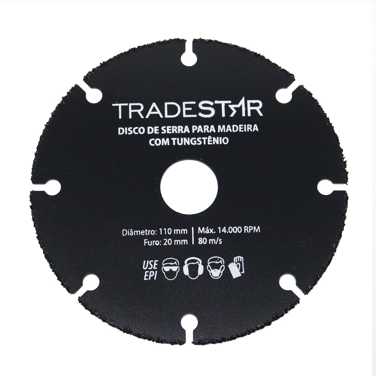 Disco de Corte Segmentado 110x20mm Tradestar para madeira com revestimento de carbeto de tungstênio. Ideal para cortes precisos em madeira, taipas, caibros e materiais com pregos. Lâmina de serra circular para uso profissional e doméstico. Diâmetro 110mm, furo 20mm.