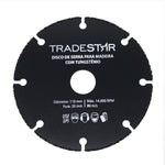 Disco de Corte Segmentado 110x20mm Tradestar para madeira com revestimento de carbeto de tungstênio. Ideal para cortes precisos em madeira, taipas, caibros e materiais com pregos. Lâmina de serra circular para uso profissional e doméstico. Diâmetro 110mm, furo 20mm.