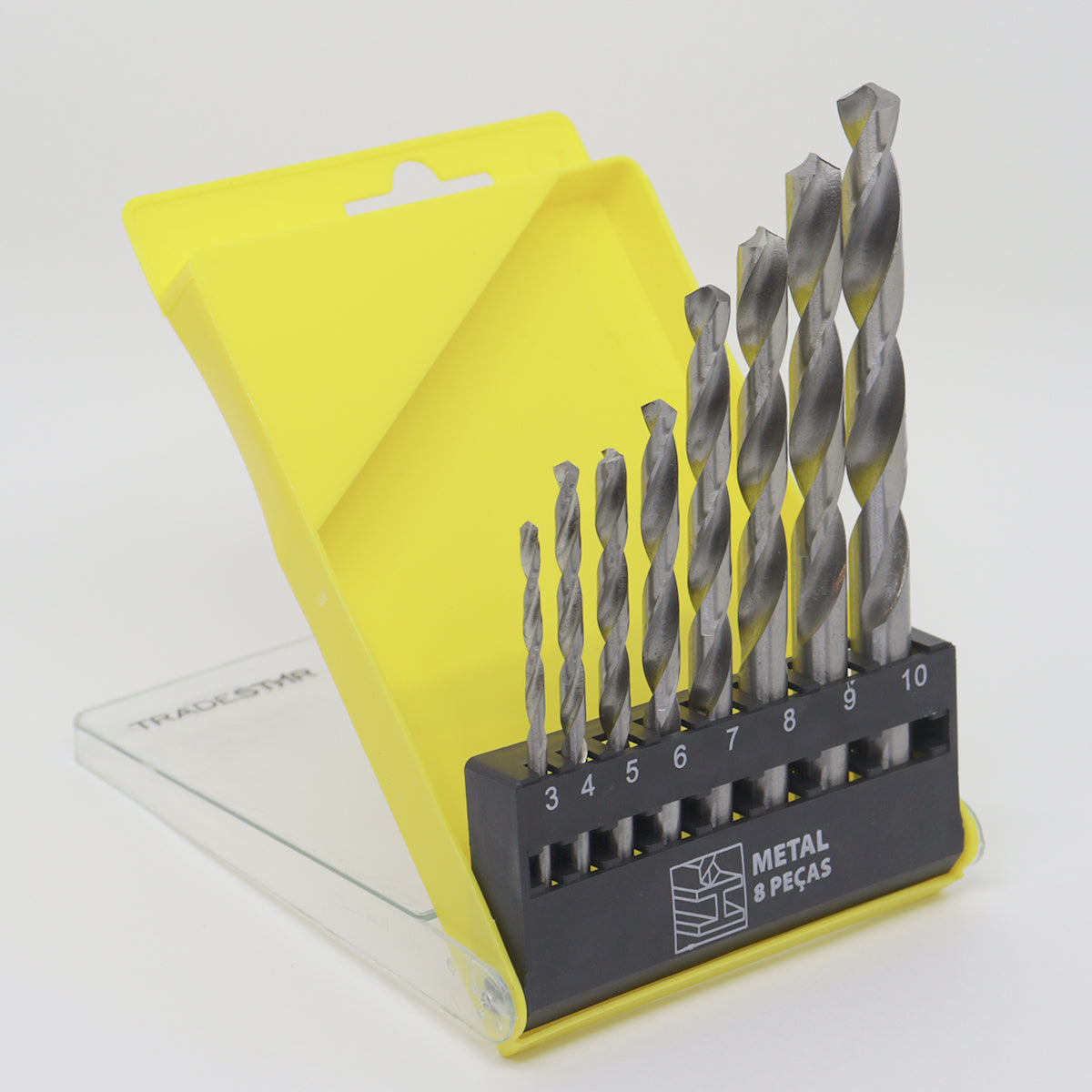 Alicate Universal Tradestar 8 polegadas em embalagem. Ferramenta manual com cabo ergonômico preto e amarelo, ideal para diversas aplicações em trabalhos manuais e reparos.