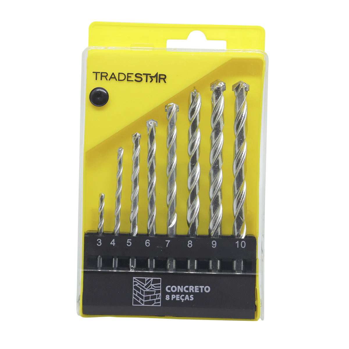 Jogo de brocas para concreto Tradestar com 8 peças, tamanhos de 3mm a 10mm, ideal para furadeira. Kit inclui estojo organizador e é perfeito para perfurações em alvenaria, tijolos e concreto.