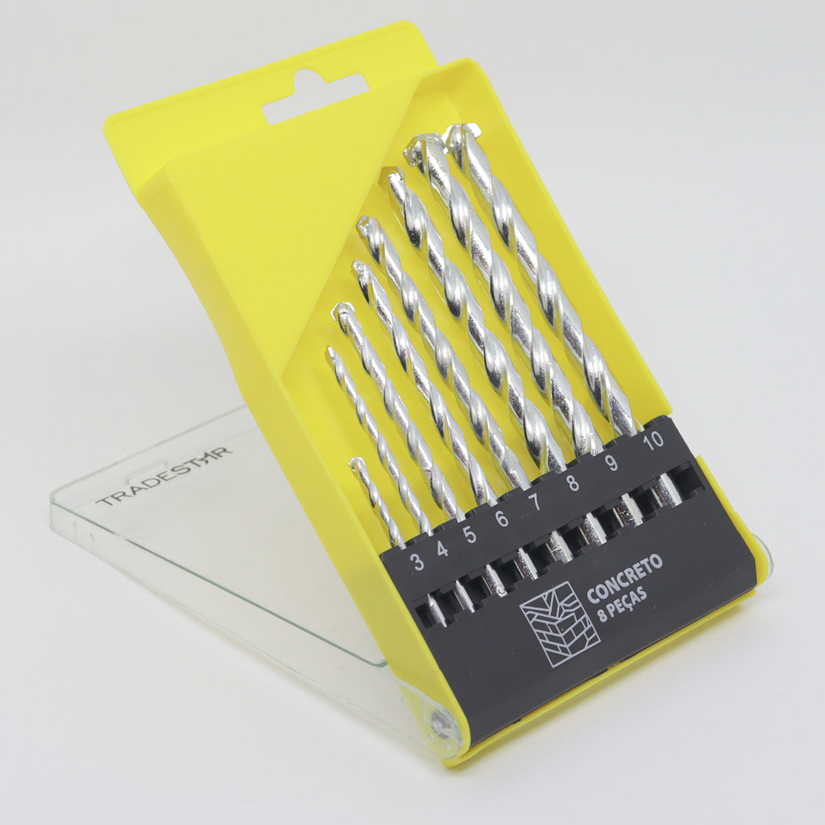 Jogo de brocas para concreto Tradestar com 8 peças, tamanhos de 3mm a 10mm, ideal para furadeira. Kit com estojo organizador, brocas de aço carbono com ponta de metal duro (vídea) para perfuração em concreto, alvenaria e tijolos.