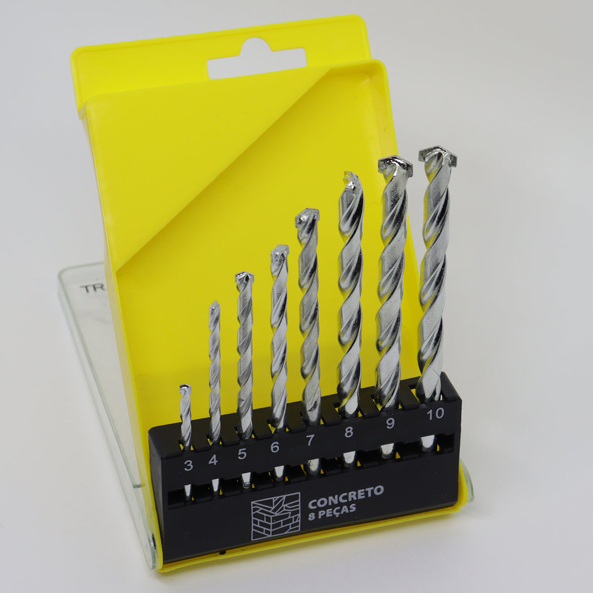 Jogo de brocas para concreto Tradestar com 8 peças, tamanhos de 3mm a 10mm, ideal para furadeira. Kit com estojo organizador, brocas de aço carbono com ponta de metal duro (vídea) para perfurações em concreto, alvenaria e tijolos.