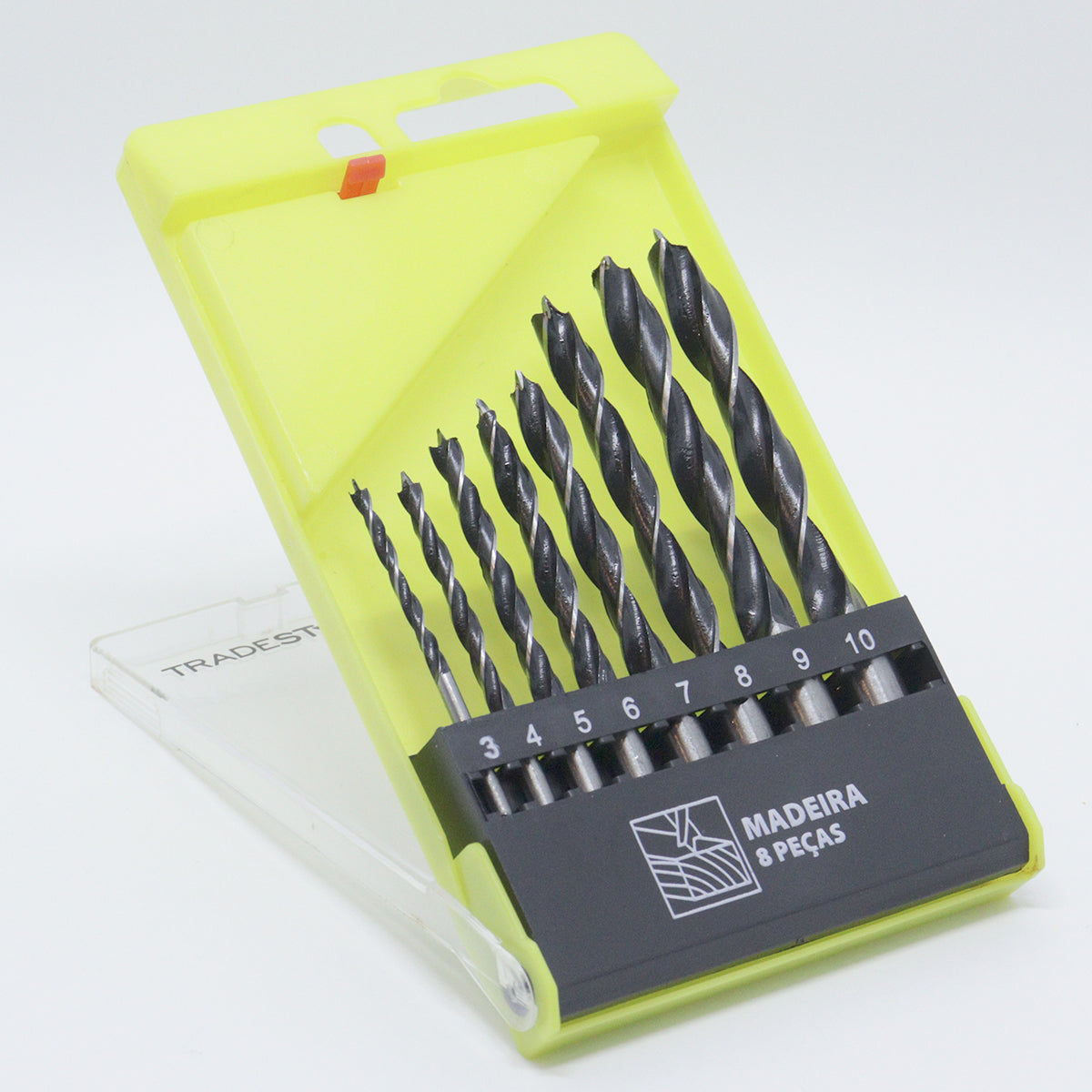 Jogo de Brocas para Madeira Tradestar com 8 peças em aço carbono, com pontas de 3 pontas, em estojo organizador. Ideal para perfuração precisa em madeira, MDF, compensado e aglomerado. Tamanhos: 3mm a 10mm.