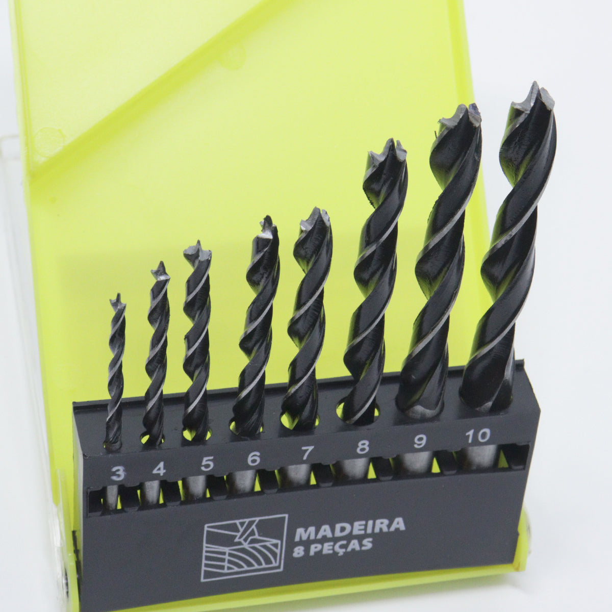 Jogo de Brocas 8 Peças Tradestar para Madeira e Compensados com pontas de 3 pontas em aço carbono. Kit com brocas de tamanhos variados (3mm a 10mm) em estojo organizador, ideal para perfurações precisas em projetos de marcenaria e DIY.