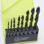 Jogo de Brocas 8 Peças Tradestar para Madeira e Compensados com pontas de 3 pontas em aço carbono. Kit com brocas de tamanhos variados (3mm a 10mm) em estojo organizador, ideal para perfurações precisas em projetos de marcenaria e DIY.
