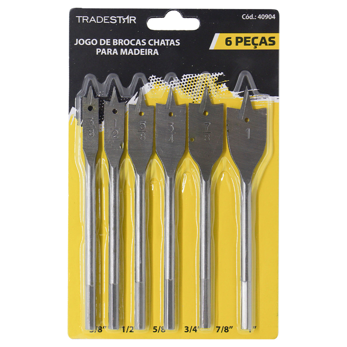 Jogo de Brocas Chatas para Madeira Tradestar com 6 peças, tamanhos 3/8", 1/2", 5/8", 3/4", 7/8" e 1", ideal para perfurações precisas em madeira. Kit de brocas chatas de aço carbono, com encaixe hexagonal, para uso em furadeiras e parafusadeiras. Ferramenta essencial para marceneiros, carpinteiros e projetos DIY.
