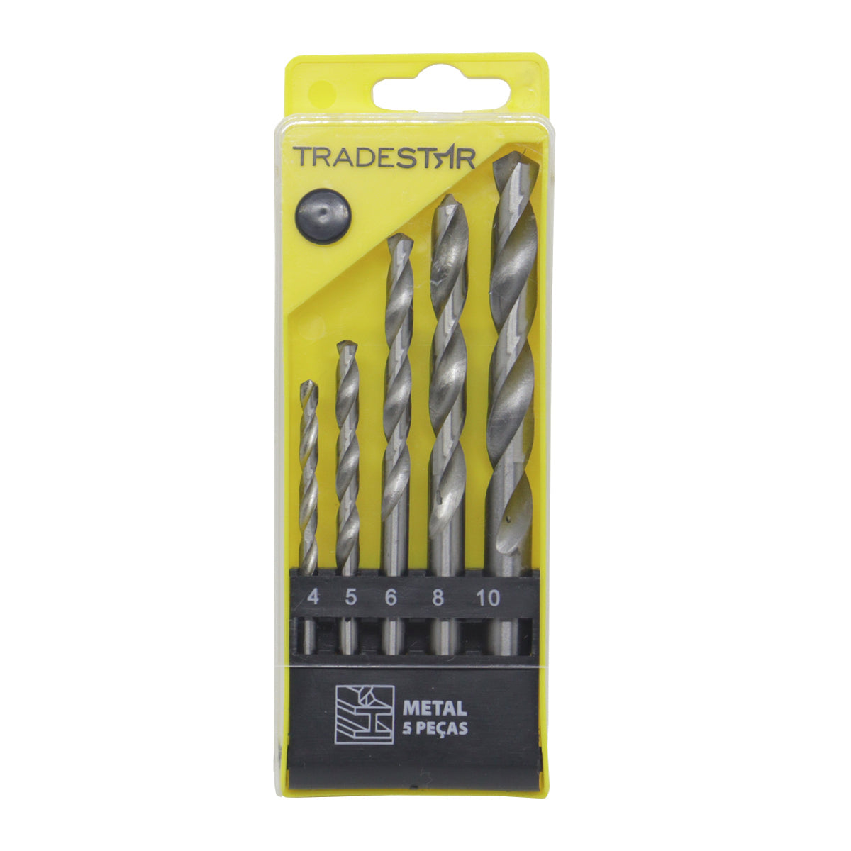 Kit 5 brocas de aço rápido Tradestar para metal, com tamanhos de 4mm, 5mm, 6mm, 8mm e 10mm. Ideal para perfurações precisas em aço, alumínio, cobre e outros metais. Acompanha estojo organizador.