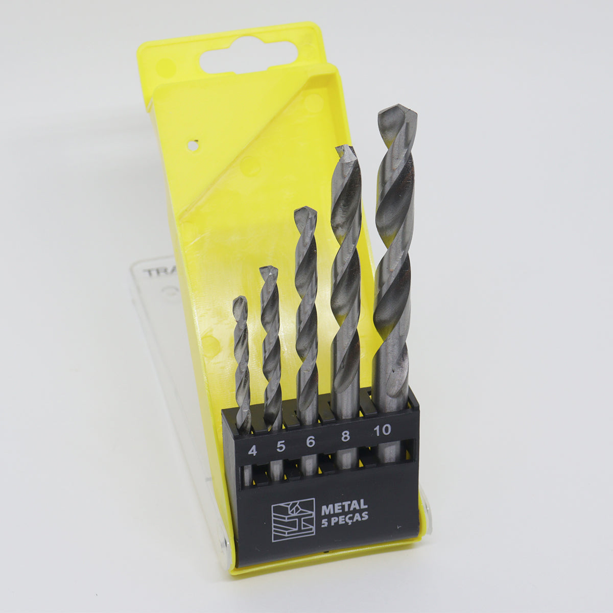 Kit 5 brocas de aço rápido para metal Tradestar, com tamanhos de 4mm, 5mm, 6mm, 8mm e 10mm, em estojo organizador. Ideal para perfuração precisa em aço, alumínio, cobre e outros metais.