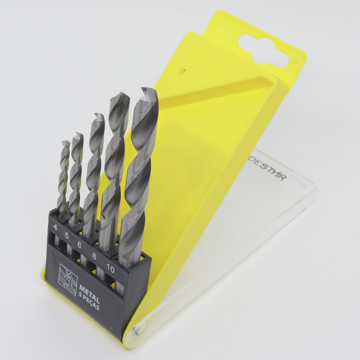 Kit 5 brocas de aço rápido para metal Tradestar, com tamanhos de 4mm, 5mm, 6mm, 8mm e 10mm, em estojo organizador amarelo. Ideal para perfuração precisa em metais ferrosos e não ferrosos, uso profissional e DIY.