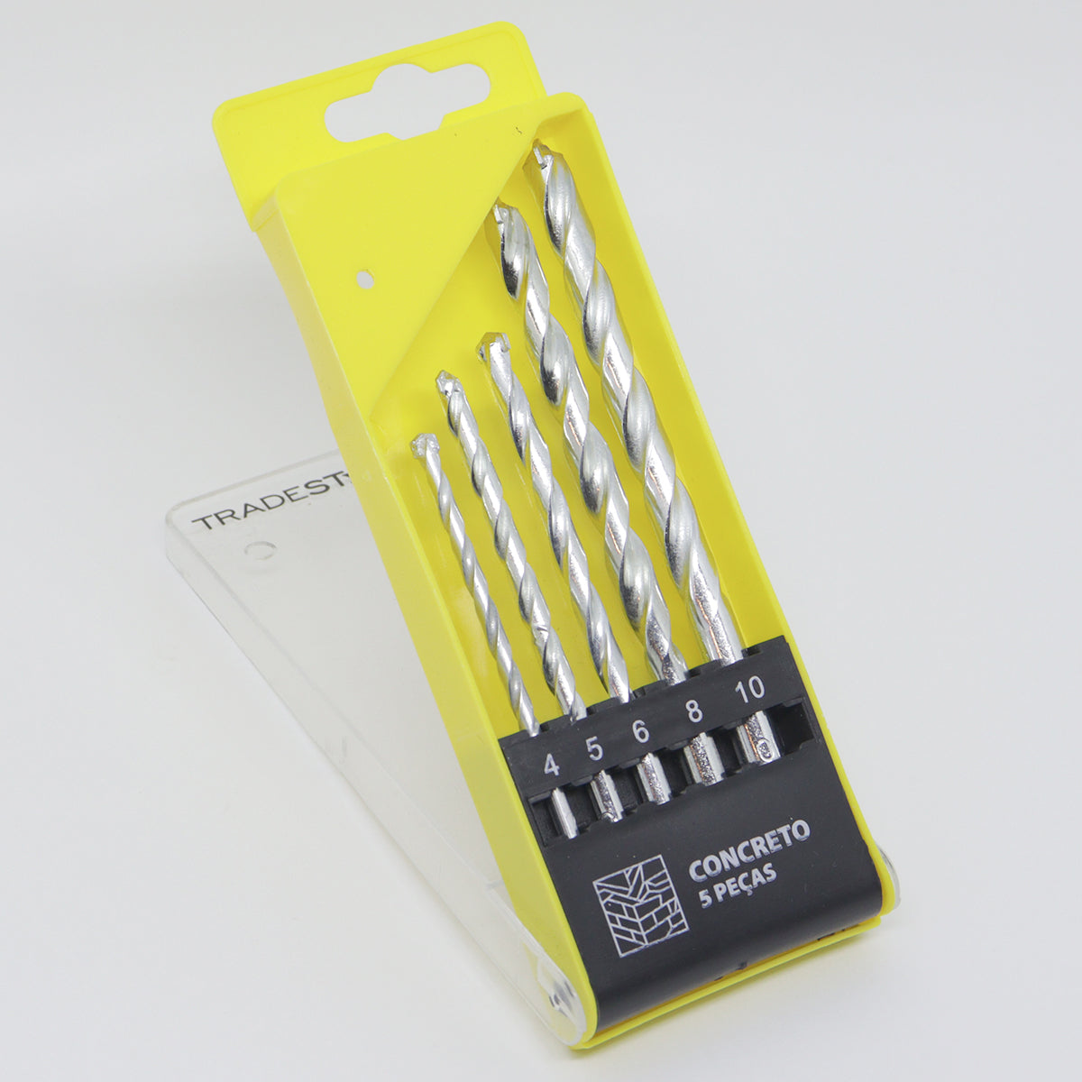 Jogo de brocas para concreto e alvenaria Tradestar com 5 peças nos tamanhos 4mm, 5mm, 6mm, 8mm e 10mm. Brocas de aço carbono com ponta de metal duro (vídea) para perfurações precisas em concreto, tijolo e alvenaria. Ideal para uso em furadeiras elétricas e manuais.