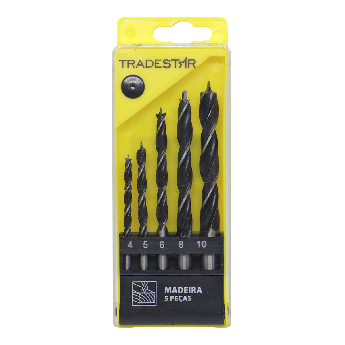 Jogo de brocas para madeira Tradestar com 5 peças em aço carbono, tamanhos 4mm, 5mm, 6mm, 8mm e 10mm, ideal para perfurações precisas em madeira, MDF e outros materiais. Kit acompanha estojo organizador.