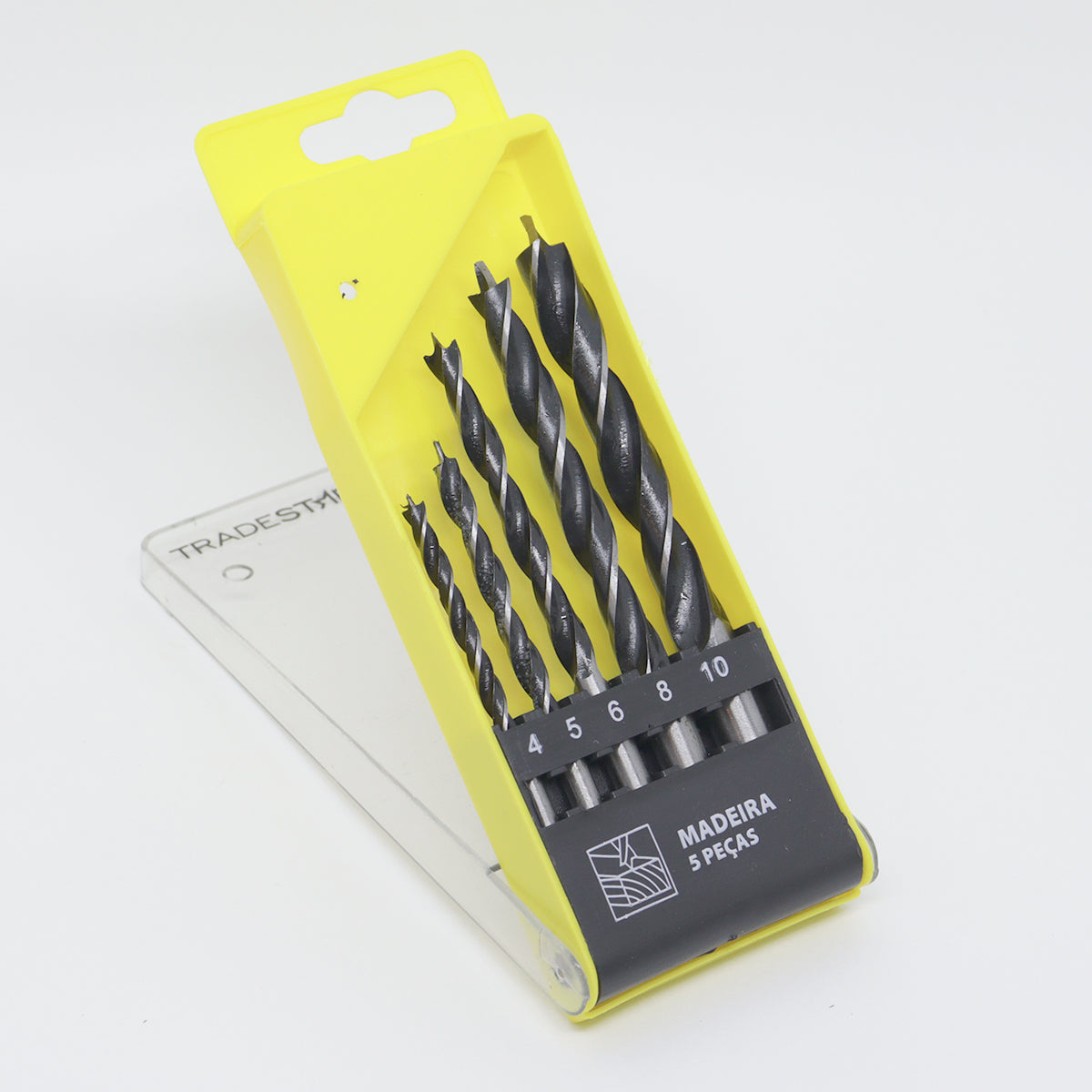 Jogo de brocas para madeira Tradestar com 5 peças em aço carbono, tamanhos 4mm, 5mm, 6mm, 8mm e 10mm, ideal para perfurações precisas em madeira, MDF e outros materiais. Acompanha estojo organizador.