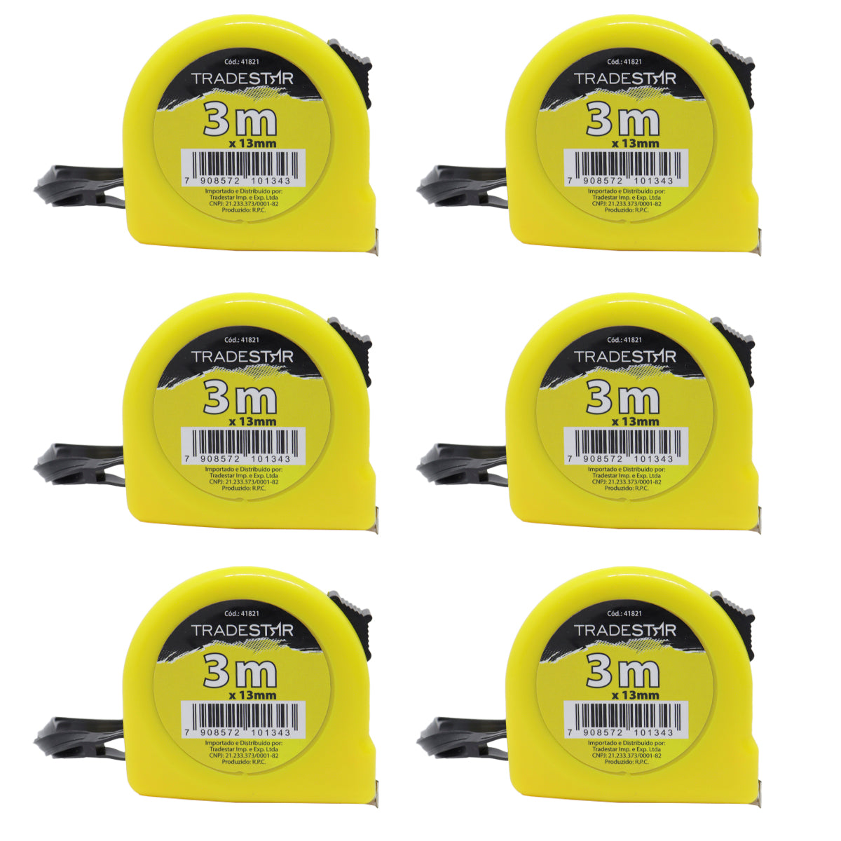 Kit com 6 trenas Tradestar ABS de 3 metros e 13mm, de bolso, com fita de aço e presilha. Ferramentas ideais para profissionais e empresas, com corpo resistente e design ergonômico.