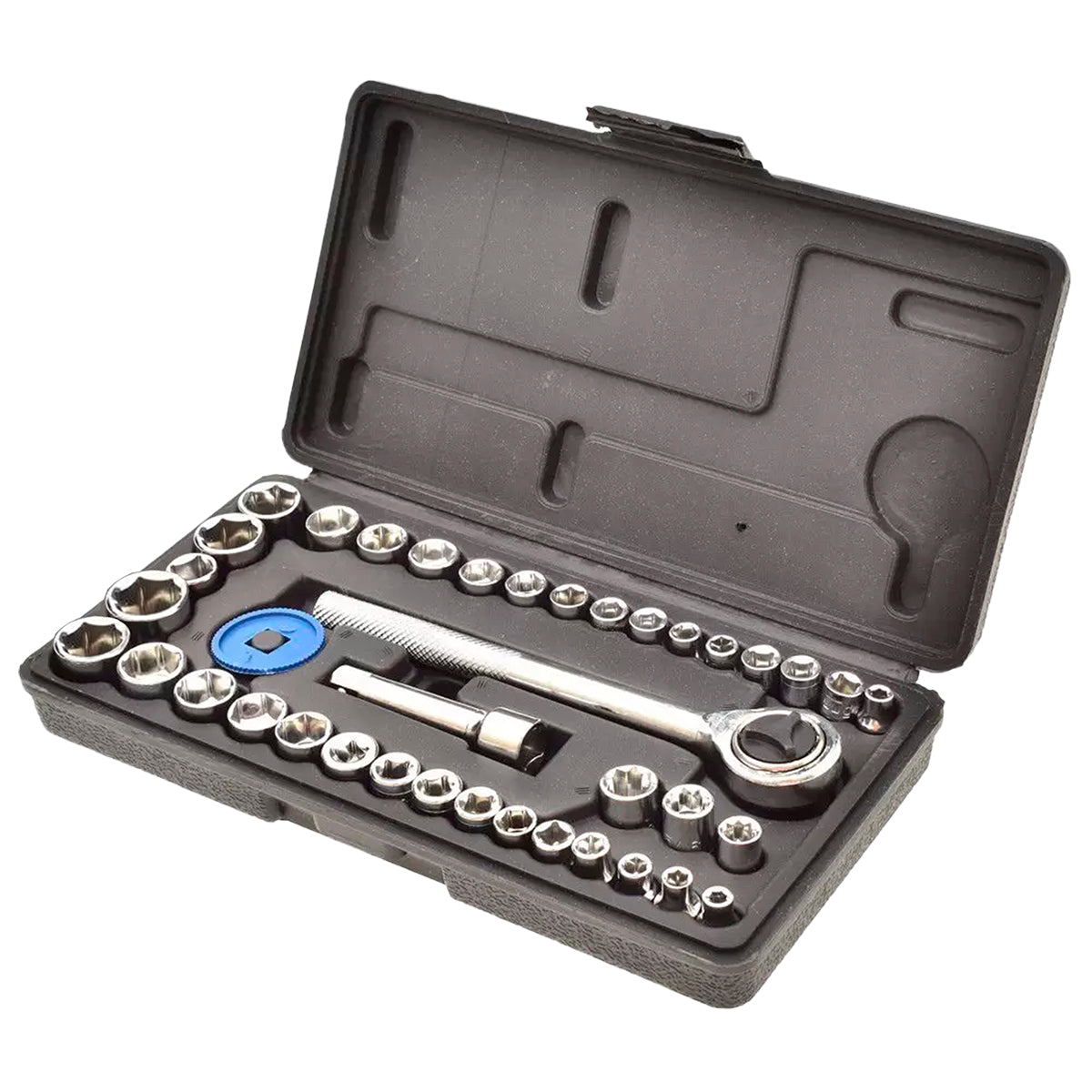 Jogo de Soquetes Sextavados Chave Catraca 40 peças Tradestar - Kit completo de ferramentas para aperto e desaperto, ideal para mecânica automotiva, reparos e manutenção. Inclui soquetes de diversas medidas, chave catraca, extensões e estojo organizador.
