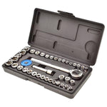 Jogo de Soquetes Sextavados Chave Catraca 40 peças Tradestar - Kit completo de ferramentas para aperto e desaperto, ideal para mecânica automotiva, reparos e manutenção. Inclui soquetes de diversas medidas, chave catraca, extensões e estojo organizador.