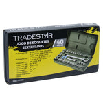 Jogo de Soquetes Sextavados Chave Catraca Tradestar com 40 peças, ideal para mecânica automotiva, reparos e manutenção. Inclui soquetes de diversos tamanhos, chave catraca, extensões e estojo organizador. Ferramenta versátil e de alta qualidade para profissionais e hobbistas.