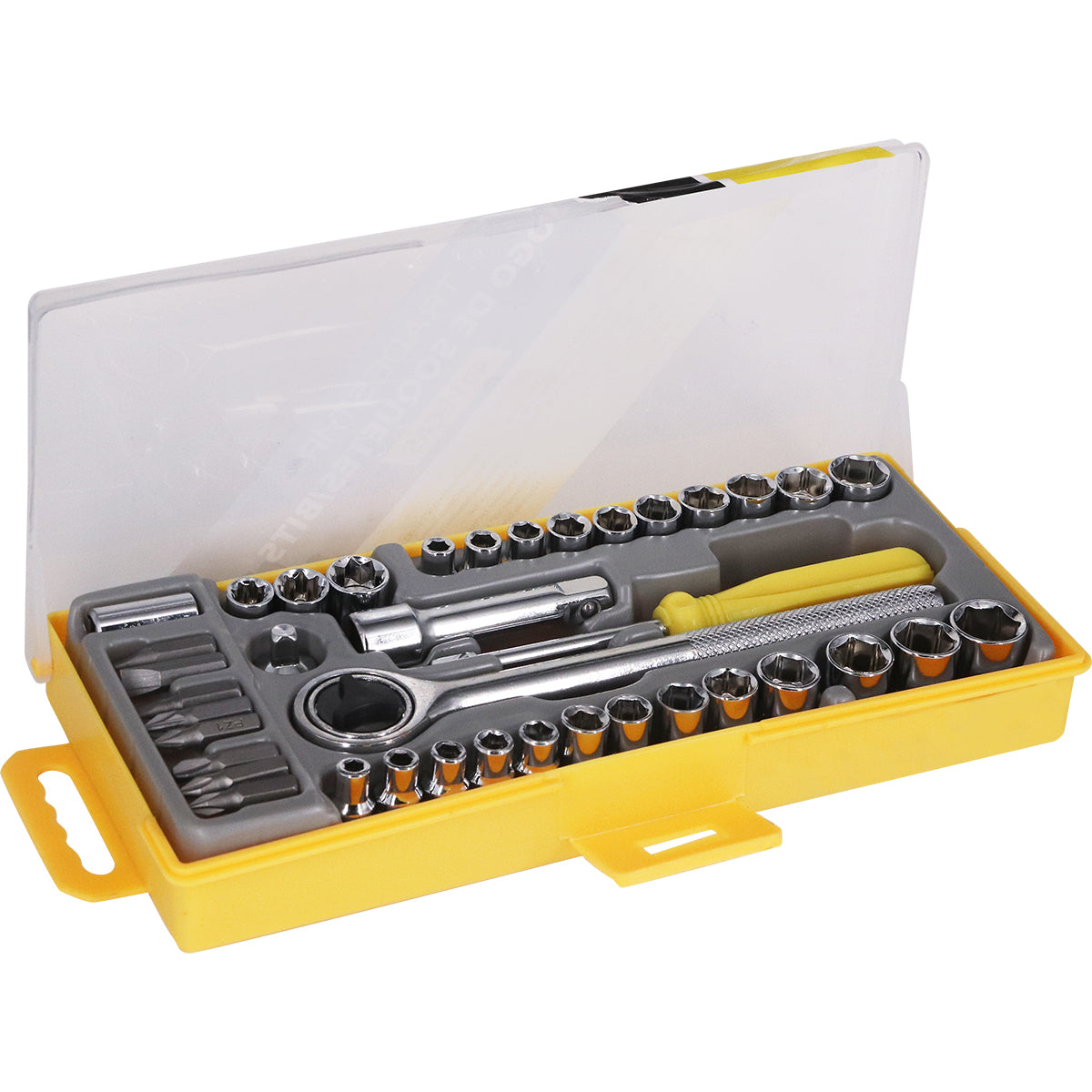 Jogo de Soquetes Bits 40 Peças Sextavados Tradestar completo, ideal para oficinas mecânicas e reparos automotivos. Inclui soquetes sextavados, bits, chave catraca e acessórios. Ferramentas manuais organizadas em estojo amarelo.