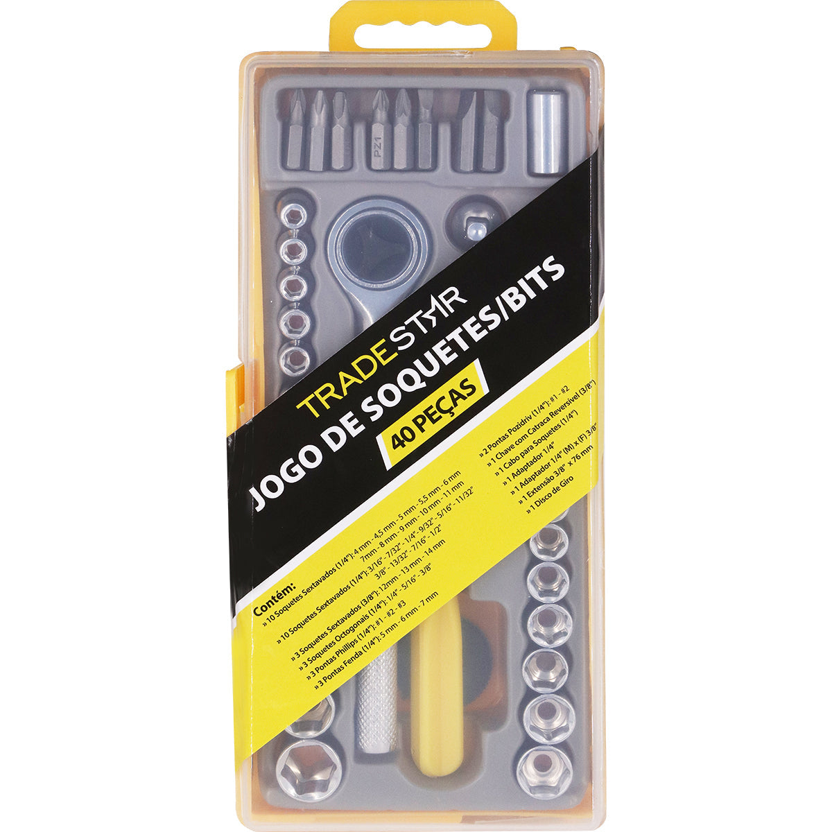 Jogo de Soquetes Bits 40 Pçs Sextavados Completo Tradestar, ideal para uso em oficinas mecânicas, manutenção industrial e reparos automotivos. Conjunto com 40 peças, incluindo soquetes sextavados de diversos tamanhos, bits pozidrive, fenda e phillips, chave catraca reversível, extensores e adaptadores. Ferramentas Tradestar para eficiência e praticidade.