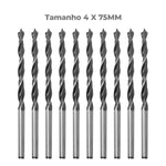 Brocas para madeira Tradestar 4x75mm em aço carbono com 3 pontas, kit com 100 unidades. Ferramenta para perfuração precisa em madeira, ideal para carpinteiros e hobbistas. Detalhe das pontas e canais helicoidais para remoção de resíduos.